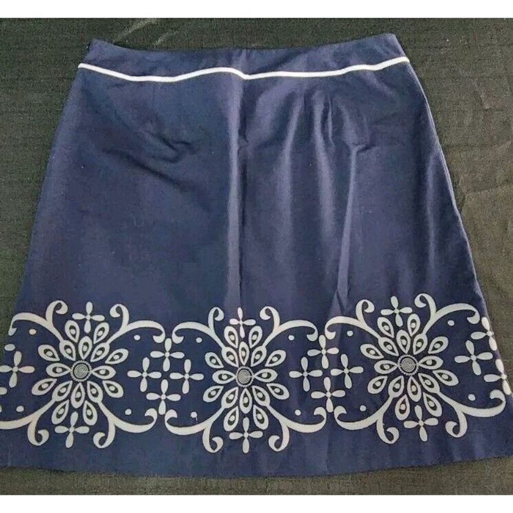 Ann Taylor Skirt Navy White Floral Embroidery Linen 12 A-Line Knee NWT Womans